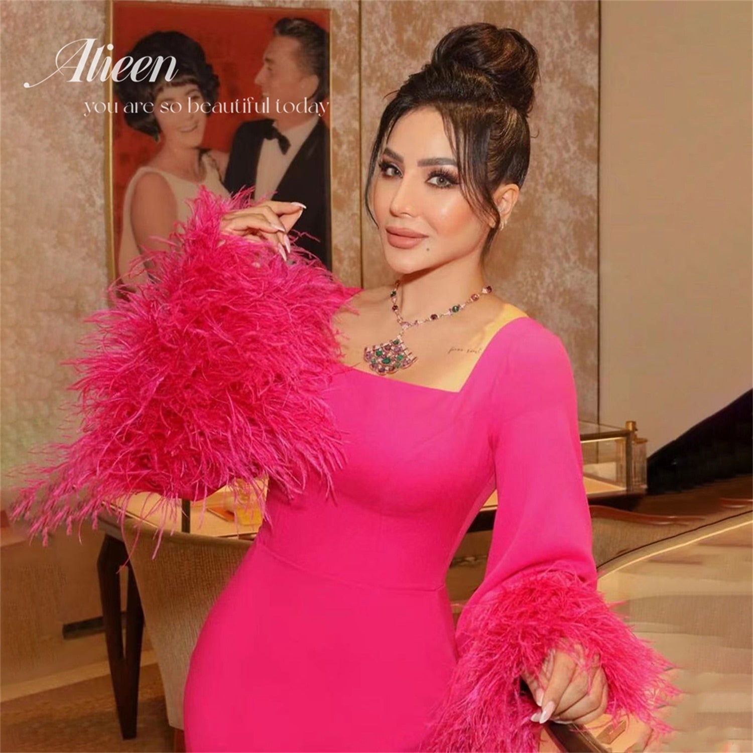 Pink Feather Gala Polo Collar Long Luxury Evening Dresses