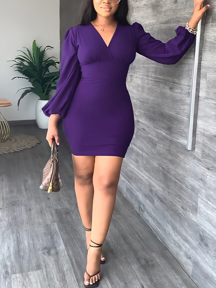 Long Sleeve V-neck Solid Elegant Bodycon Dress