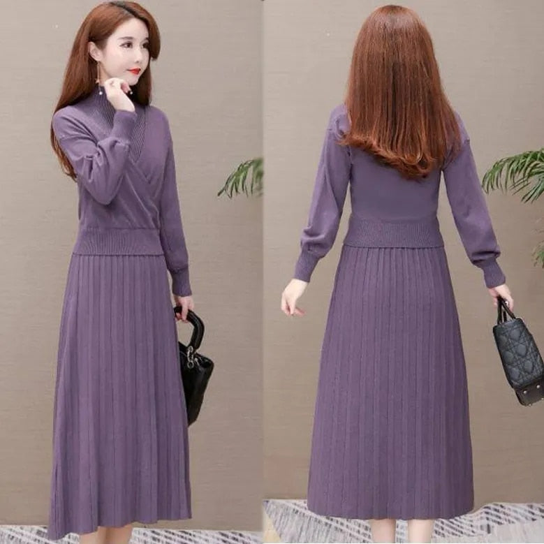 Casual Half Turtleneck Sleeveless Mid-Length Knitted Dress And Solid Pullover Sweater Suit