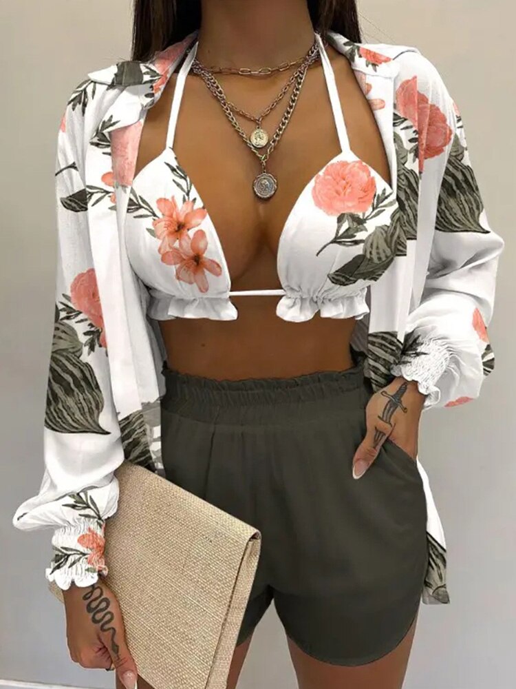 Tropical Print Lantern Sleeve Open Stitch Shirt & Shorts Set with Crop Top