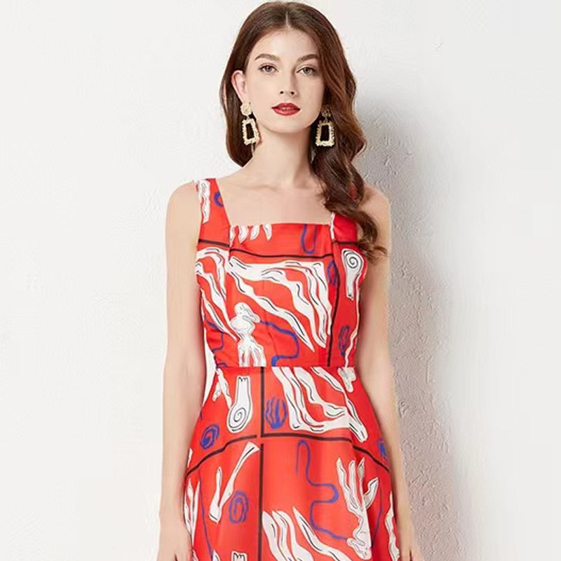 Backless Bandage Dancing Lilliputian Print Midi Dress