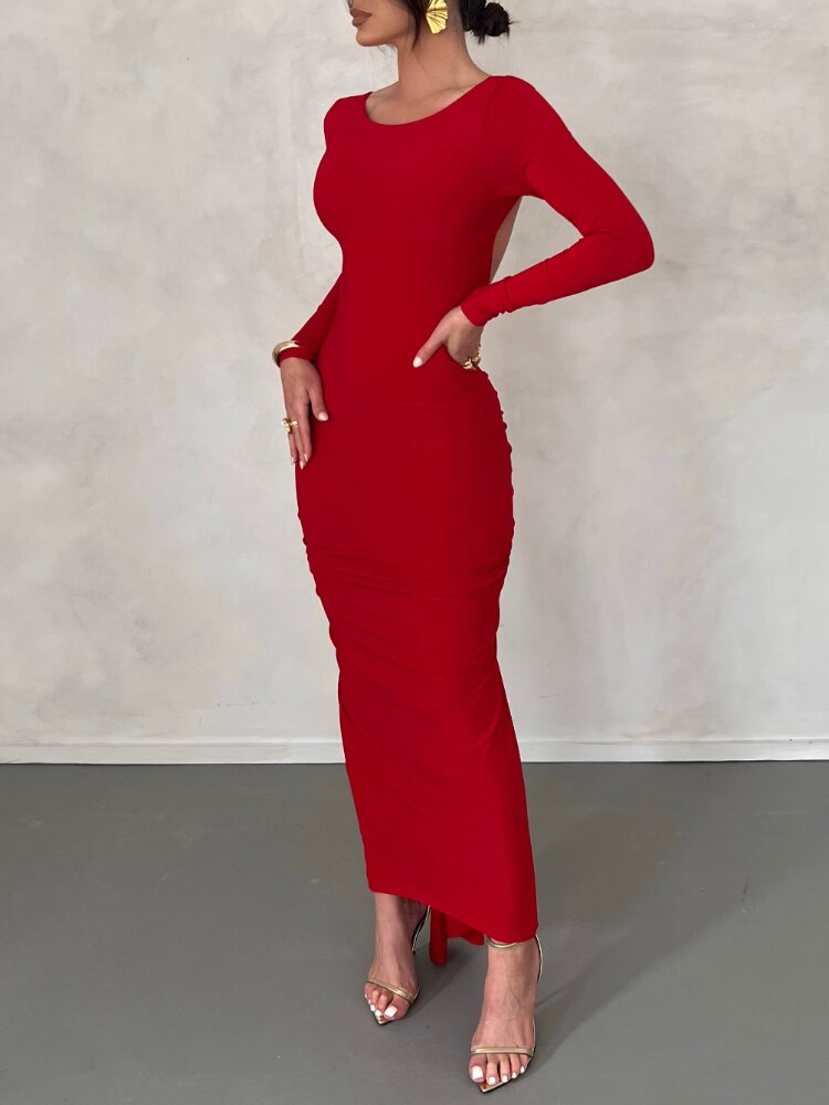 Autumn Winter Long Sleeve Sexy Straped Backless Maxi Dresses