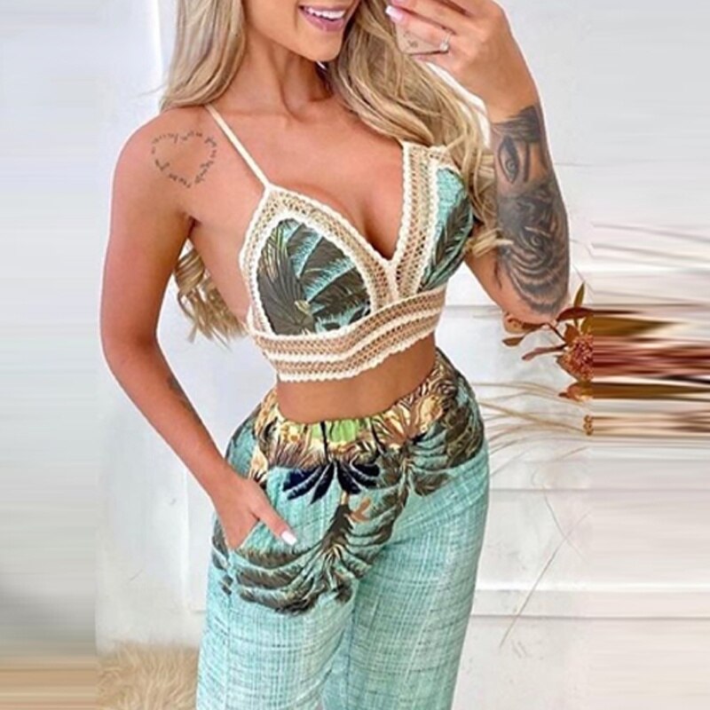 Tropical Print Lace Trim Crop Top & Slit Pants Set