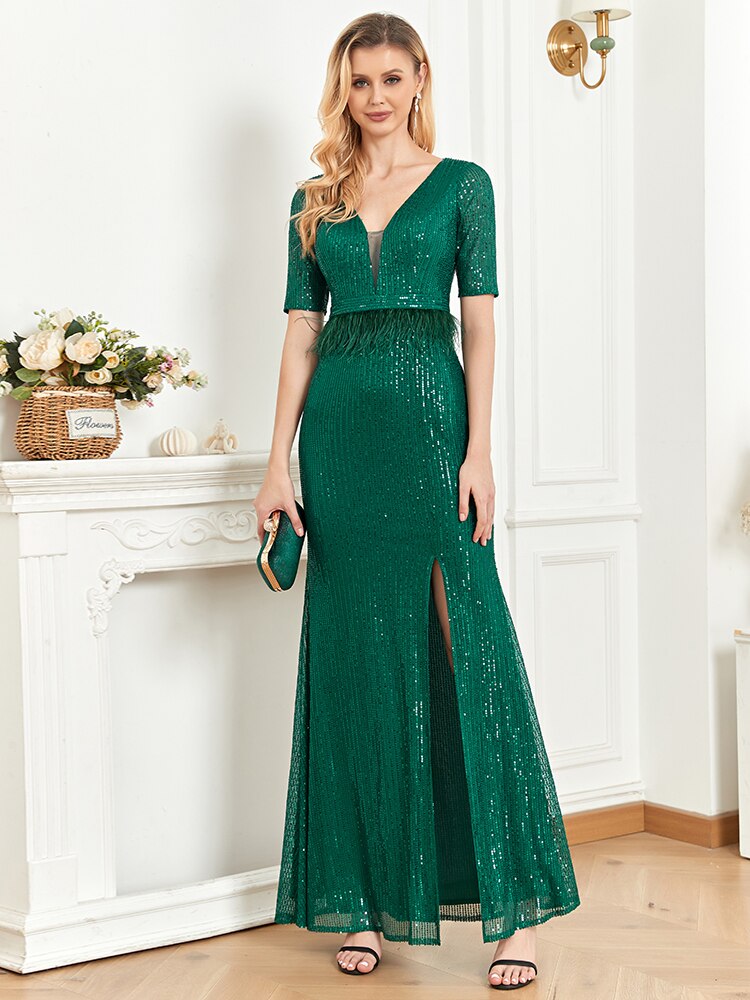 Deep V Neck Green Sequins Evening Dresses