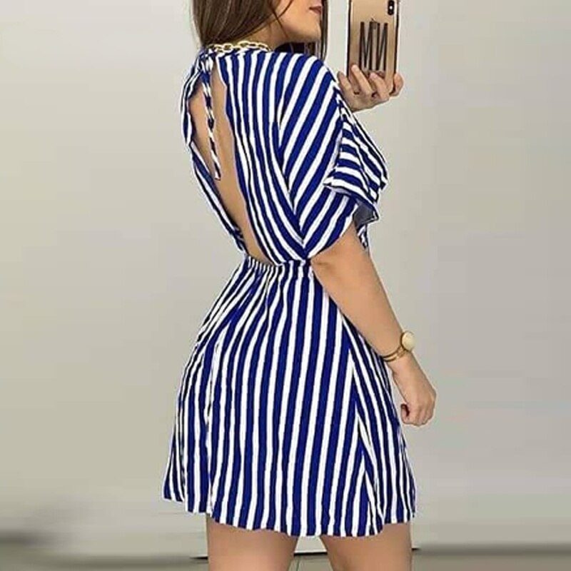 Stripe Print V-neck Tight Waist Backless Dress