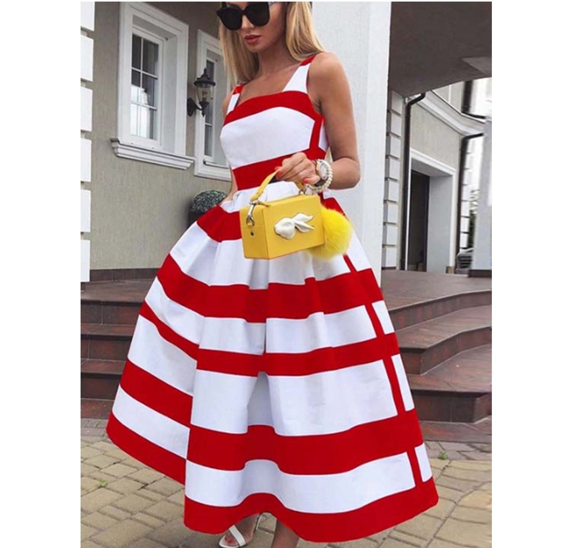 Elegant Off Shoulder  Striped Print Sleeveless Long Party Dress