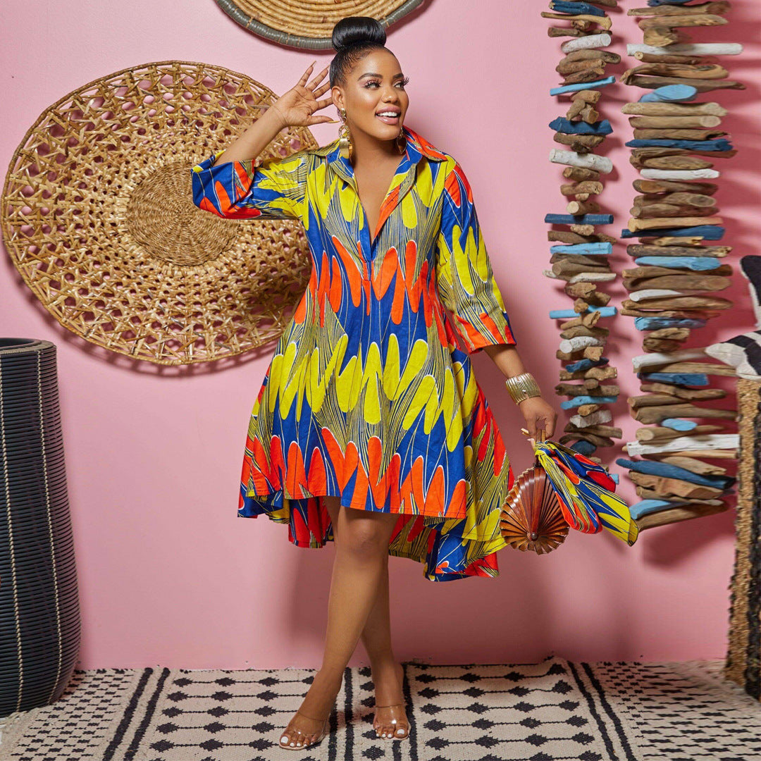 Turn-down Neck Big Swing Blouse Shirt Style Knee Length Dress