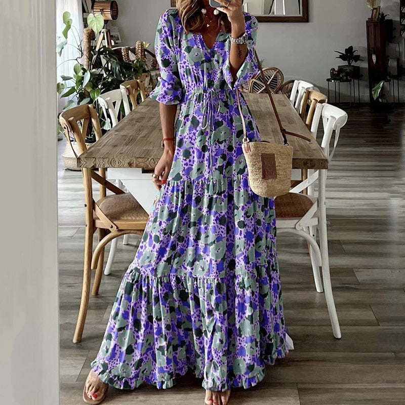 Drawstring Waist Pleated Floral Print Long Sleeve Big Hem Maxi Dress