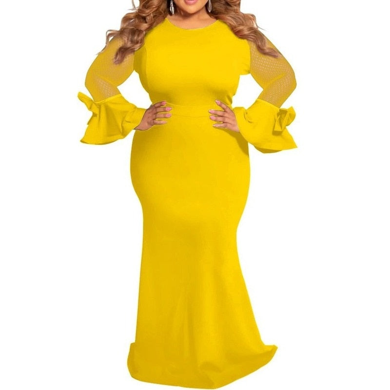 Plus Size DSheer Mesh Long Sleeve Long Maxi Dress