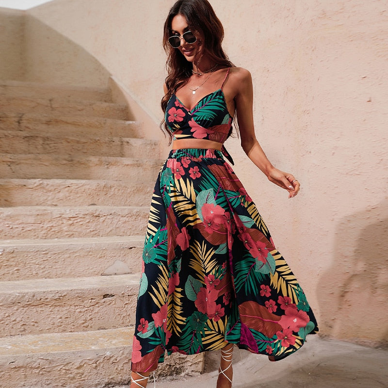 Bikini Crop Tops Floral Print Maxi Skirt Boho Set
