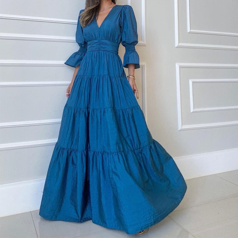 Summer Slim A-Line Pleated V-Neck Puff Sleeve Hollow Long Dress