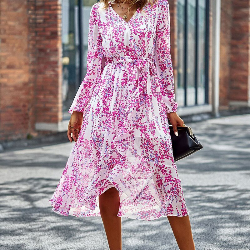 Elegant Printed Boho V Neck Single Breasted Lantern Sleeve Dress