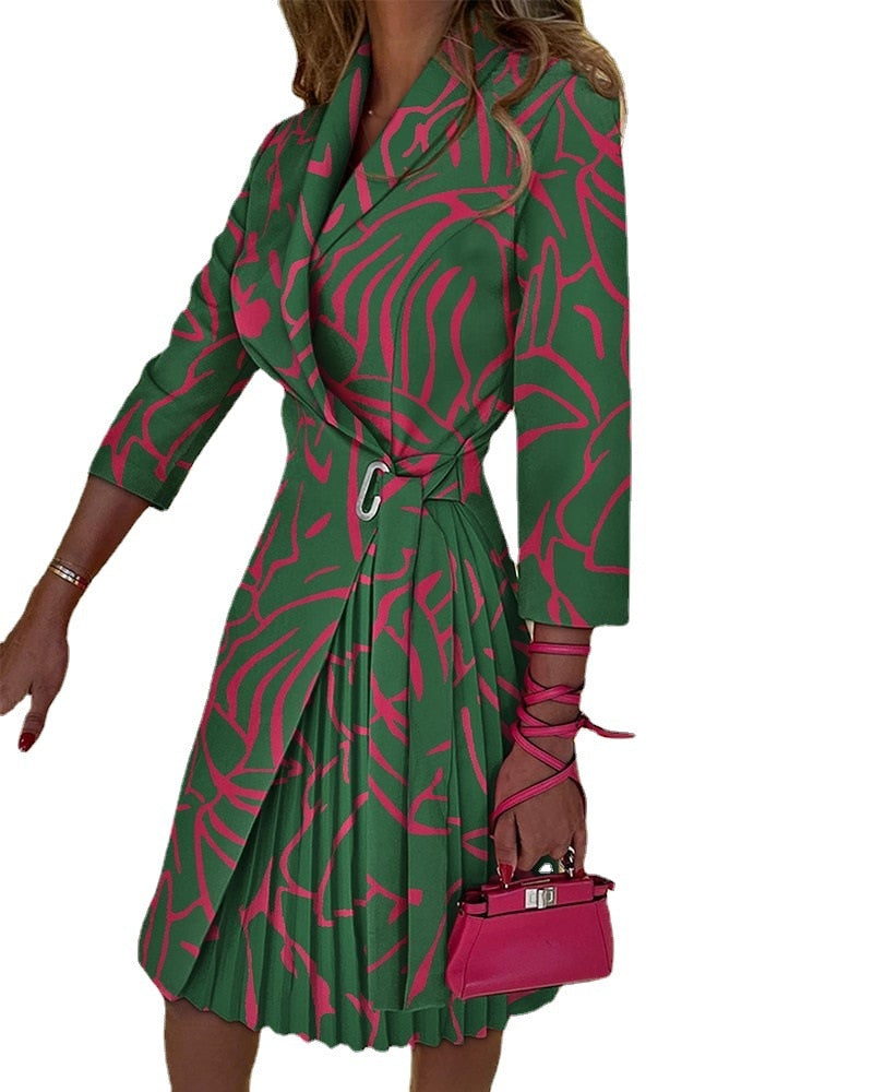 Autumn Patchwork Design V-Neck 3/4 Sleeve Pleated Office Dress
