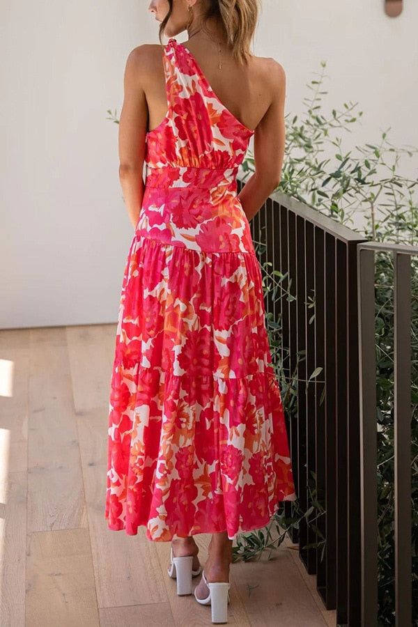 Boho One Shoulder  Floral Print A-line Summer Casual Dress