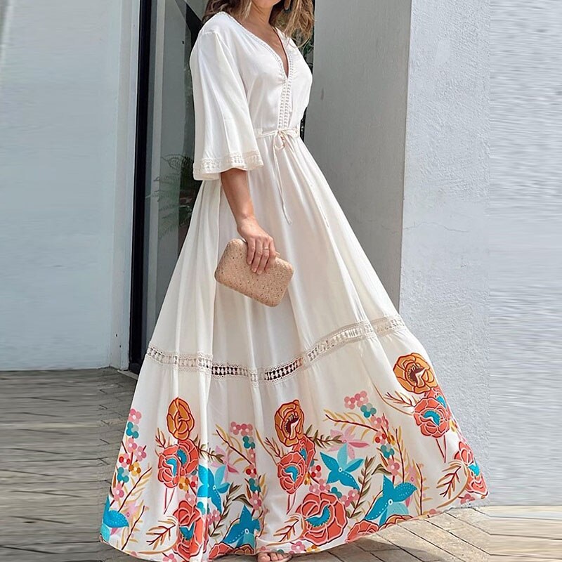 Elegant Loose Tie-Up Ruffle Print A-Line Maxi Dress