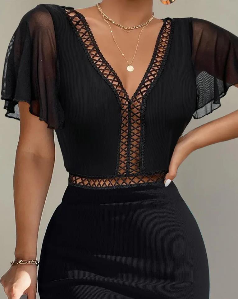 Summer Contrast Lace Flutter Sleeve Fashion Midi V-Neck Short Sleeve Dress