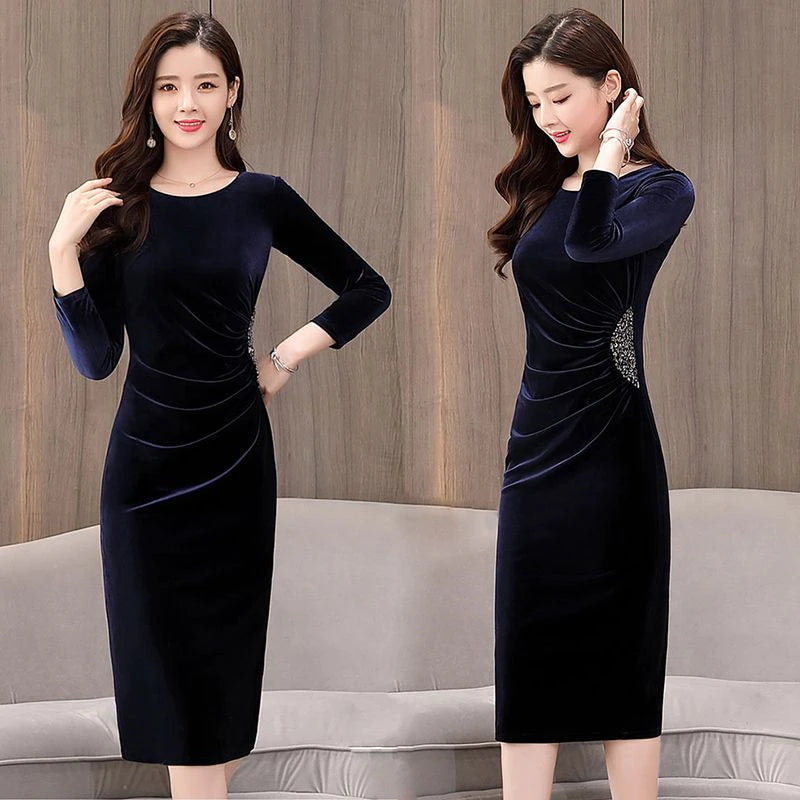 Elegant Long Sleeve Slim Pleated Sequin Velvet Dress