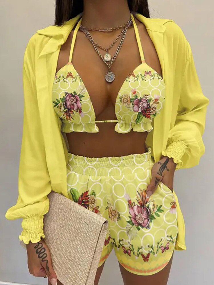 Tropical Print Lantern Sleeve Open Stitch Shirt & Shorts Set with Crop Top