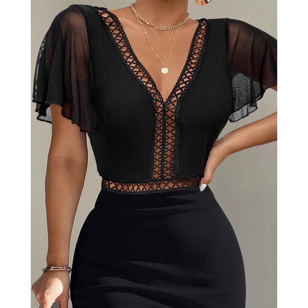 2022 Summer Contrast Lace Flutter Sleeve Midi Dress Summer Women Black Bodycon Party Evening Dress Sexy Skinny Ball Gowns
