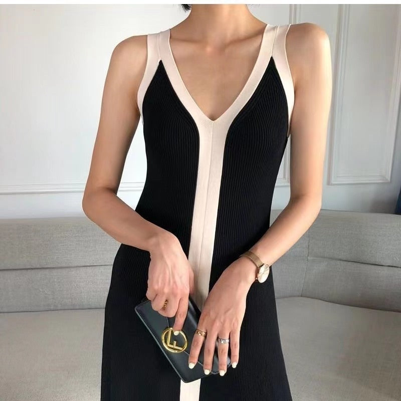 Fashion Women V-neck Sleeveless Knitted Long Dress