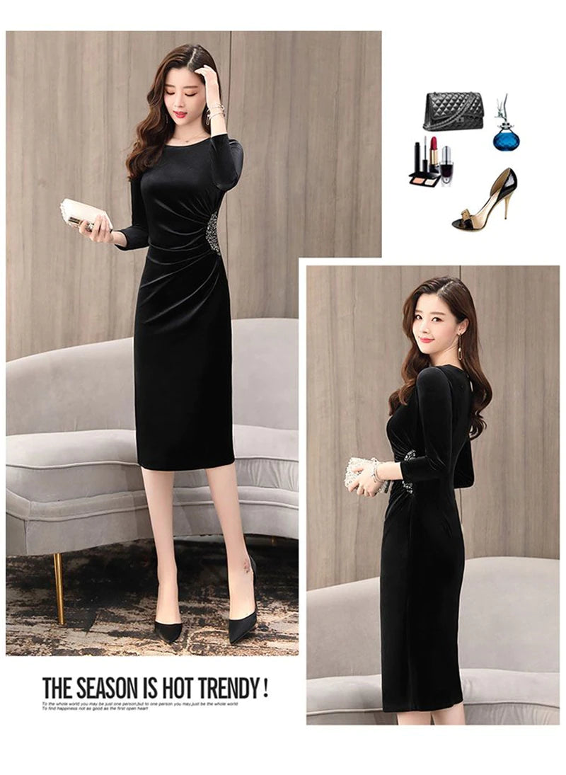 Elegant Long Sleeve Slim Pleated Sequin Velvet Dress