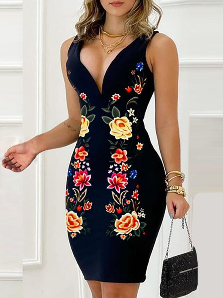 Deep V-Neck Sleeveless Backless Midi Clubwear Tank Dresses