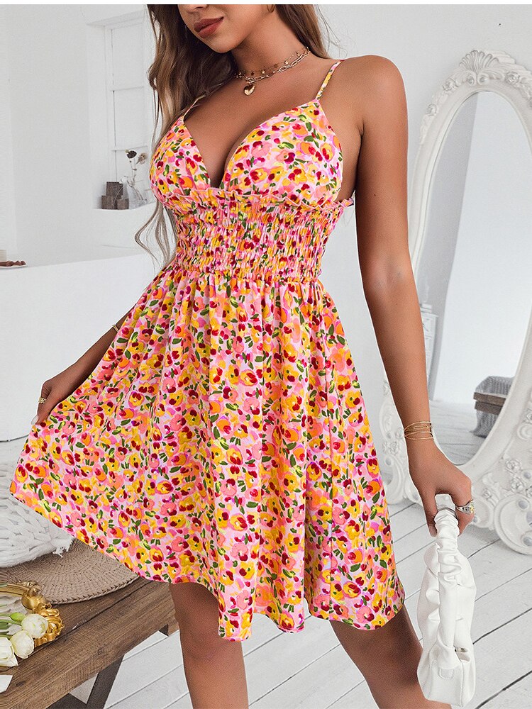 Boho Spaghetti Strap Floral Print V-neck Mini Dress