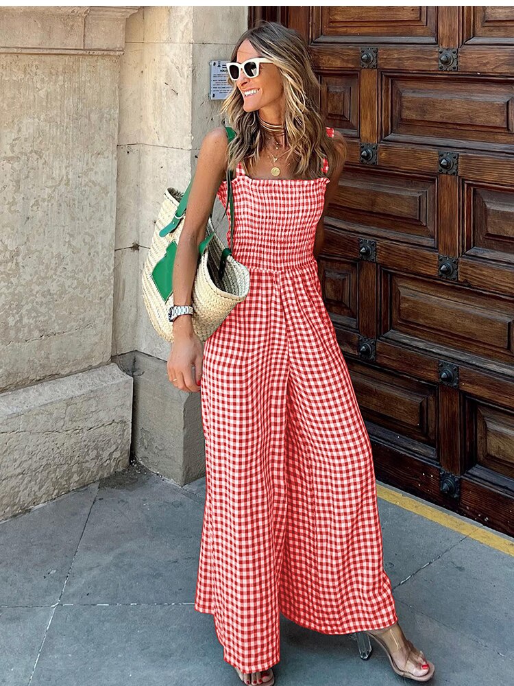 Summer Vintage Holiday Spaghetti Strap Elegant Boho Plaid Jumpsuit