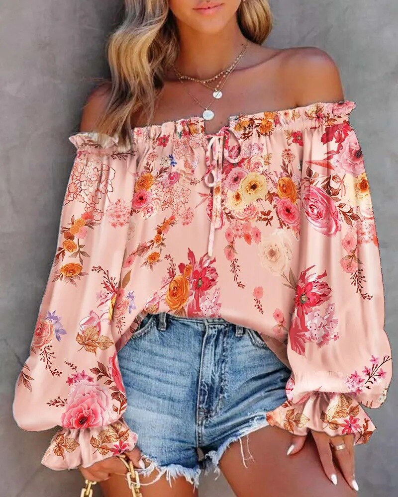 Sexy Boho Off Shoulder Lace Up Print Shirts