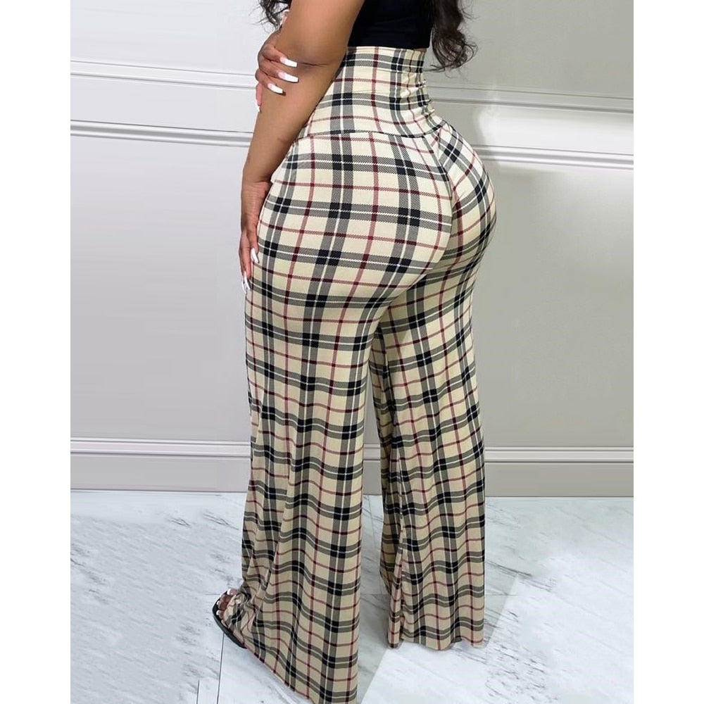 Spring Autumn Women Casual High Waist Plaid Print Wide Leg Pants