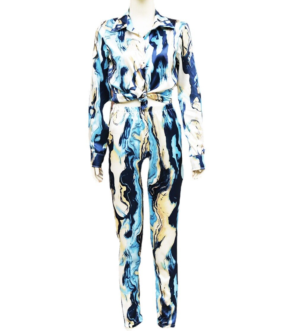 2pcs Satin Suit Tie Dye Printed Turn Down Collar Button long Sleeve T-shirt+Pencil Pant