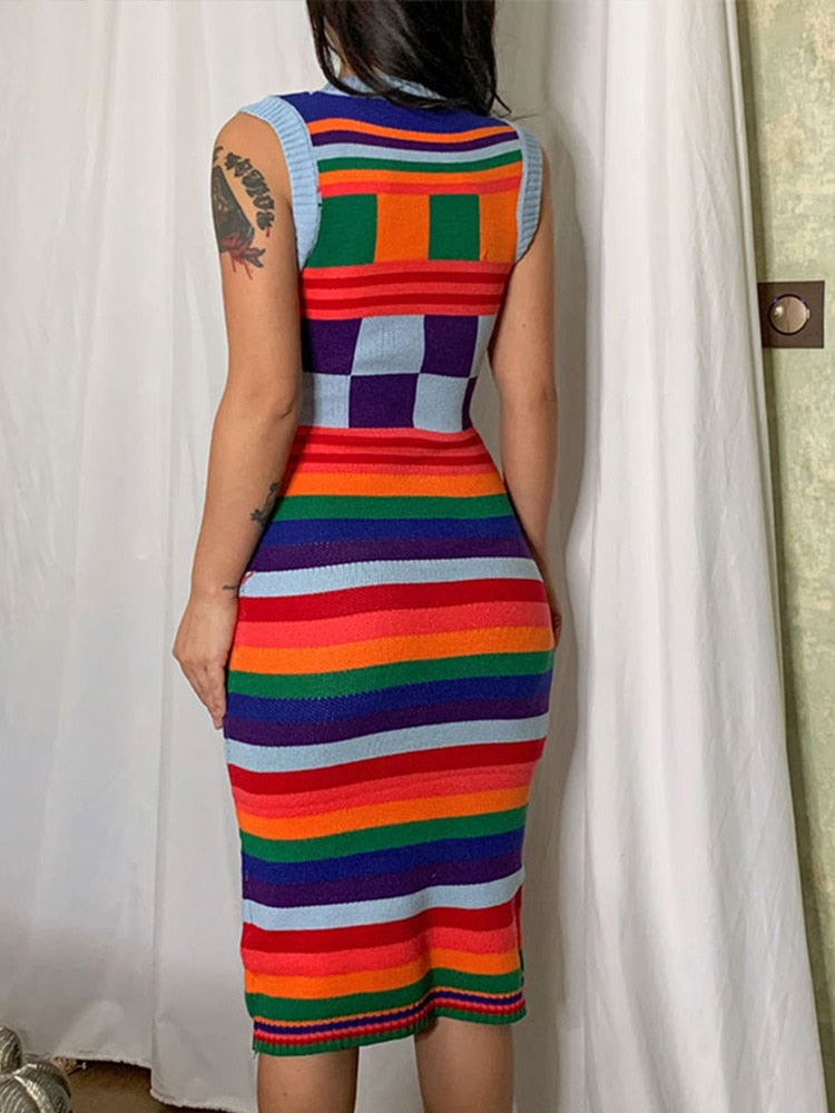 Sleeveless O-Neck Patchwork Elegant Colorful Knit Midi Dress