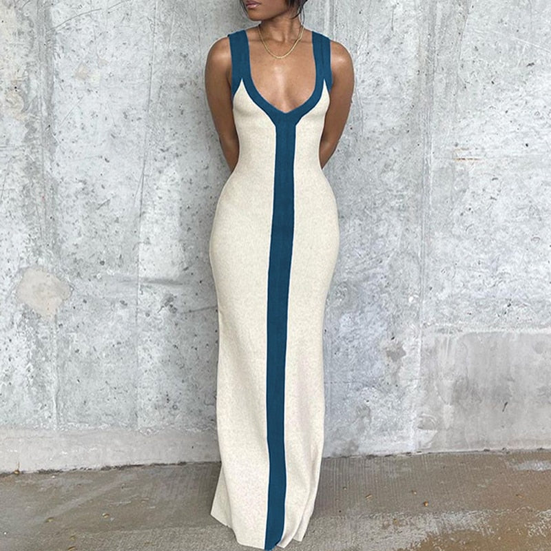 Sexy V-neck Contrasting Slim  Hollow Out Sleeveless High Waist Long Dress