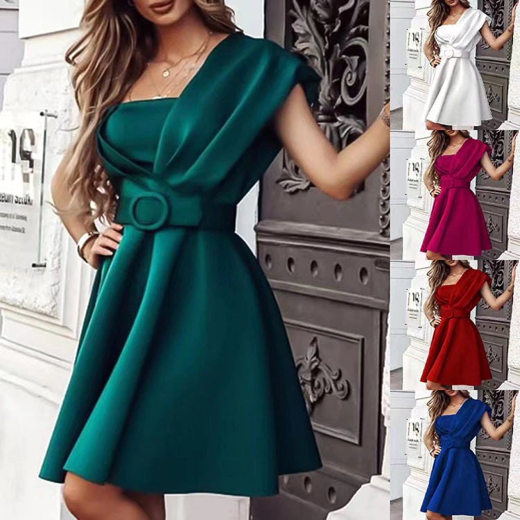 Solid Color Sleeveless One Shoulder Backless Slim Dress