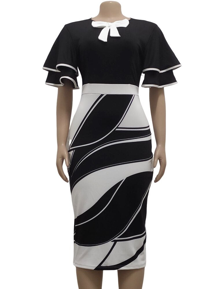Black and White Ruffle Sleeve Bowtie Bodycon Print Dresses