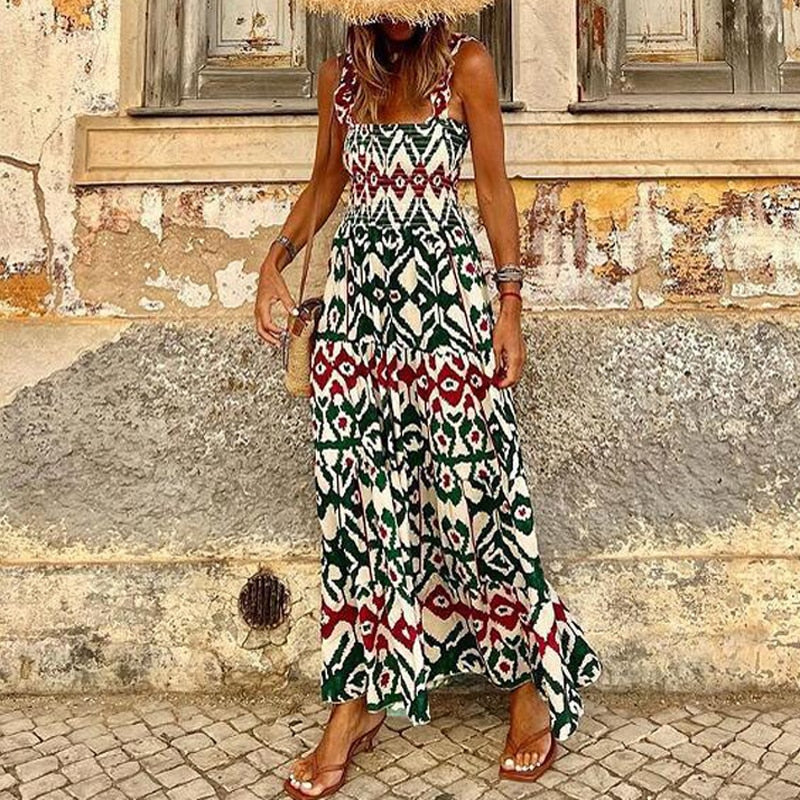 Summer Fashion Boho Print Loose Sleeveless Beach Long Dress