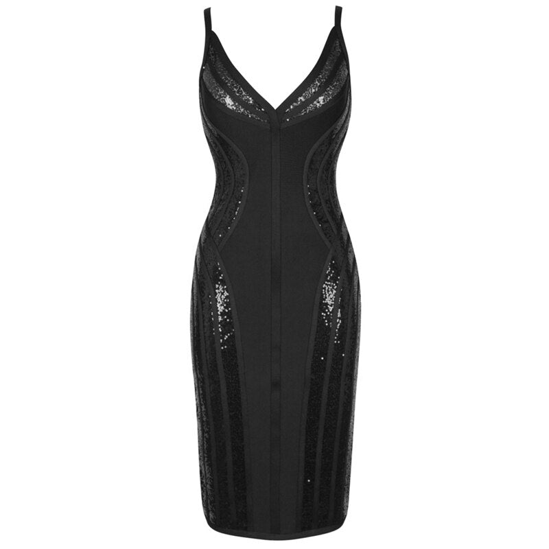 Sexy V Neck Spaghetti Strap Black Sequins Club Bodycon Bandage Dress