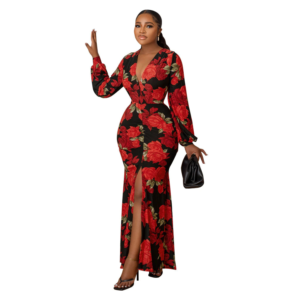 Long Sleeve V Neck Floral Printed  Bodycon Dress
