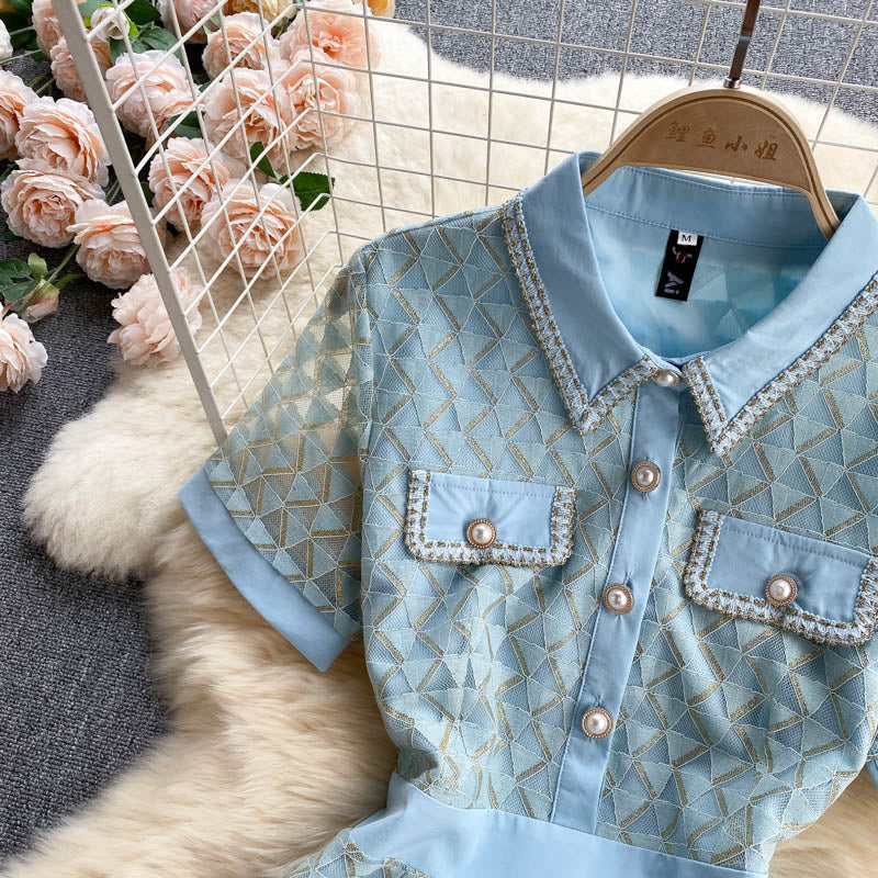 Summer Elegant Short-sleeved Turn Down Collar Buttons Geometric Dress