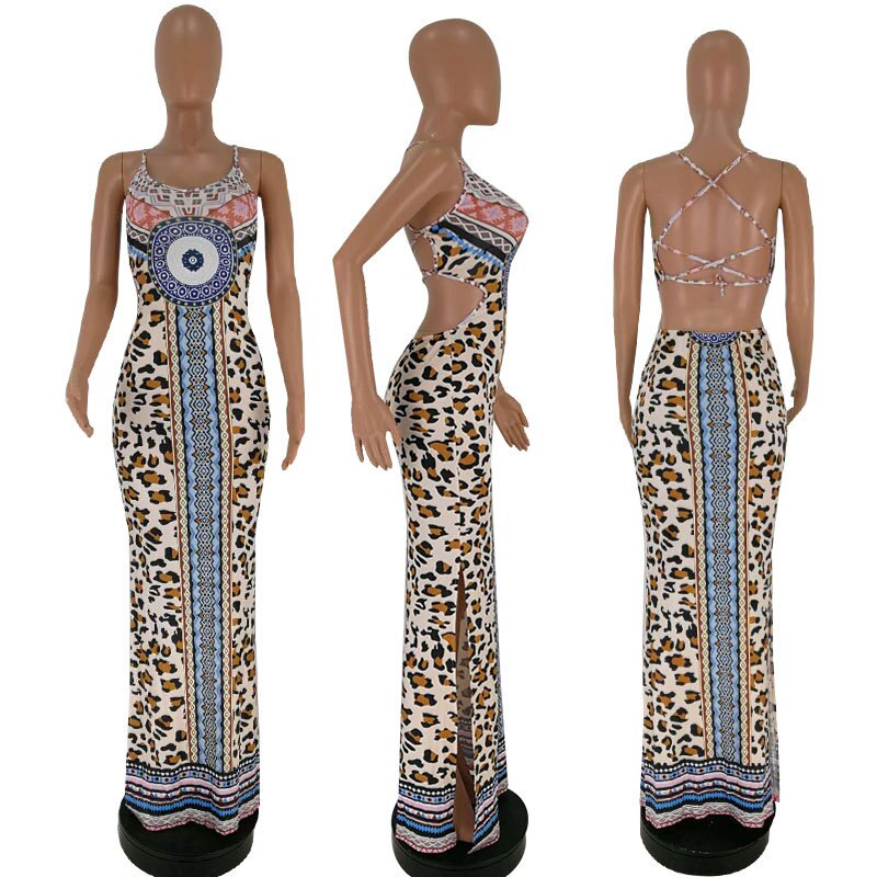 Leopard Print Spaghetti Strap Open Back Slim Maxi Dress