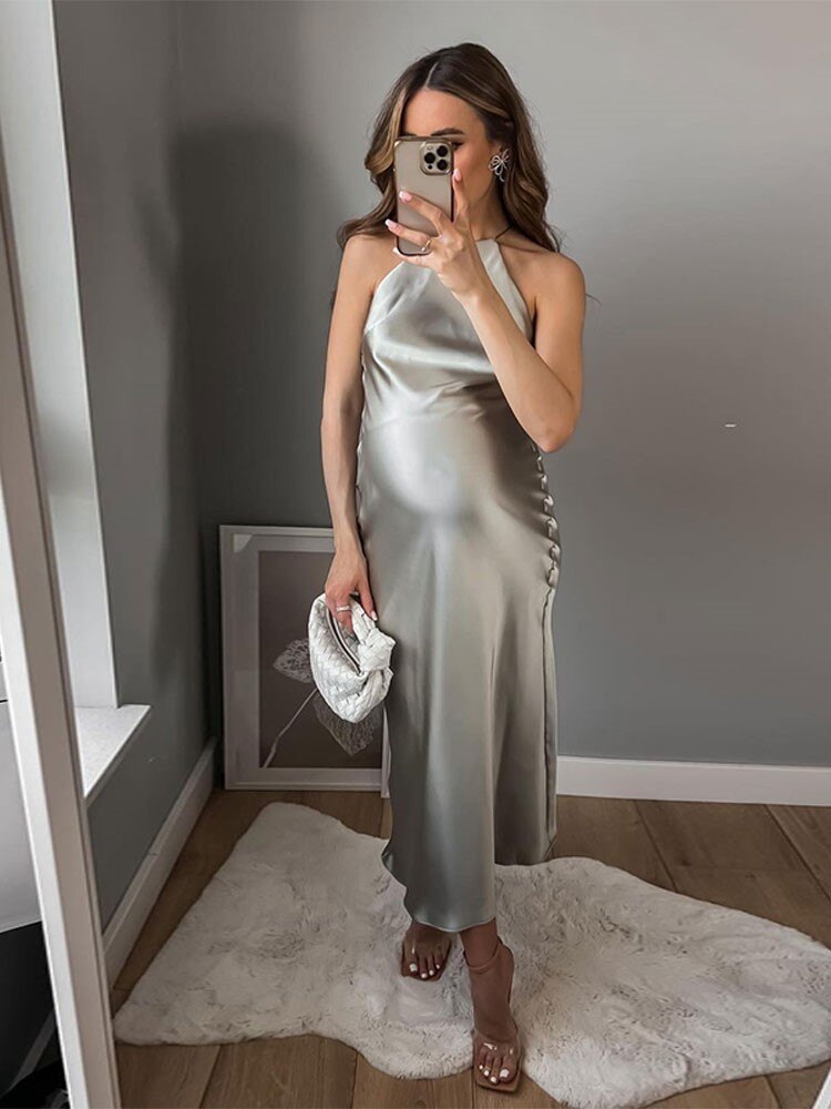 sexy backless halter dress Hauture Elegant Sexy Solid Color Backless Halter Dress, Summer Golf Pastal