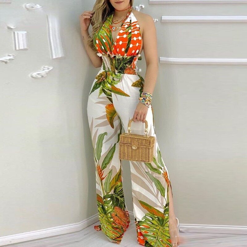 Tropical Print Backless Shirring Detail Jumpsuit