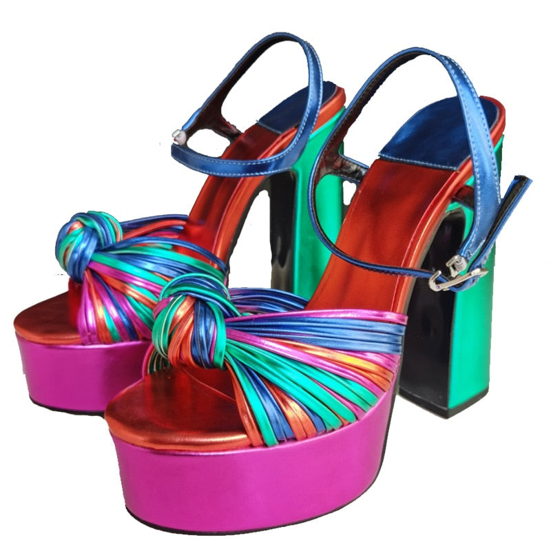 Mixed color Tie a knot Thick High Heel Platform Shoes