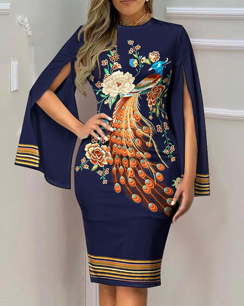 Casual Printed V Neck Slit Long Sleeve Bodycon Dress