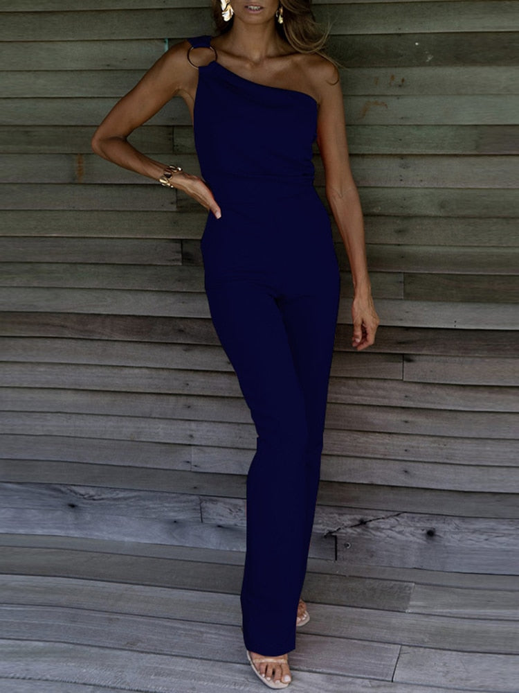 One Shoulder Diagonal Collar Back Zipper Jumpsuits