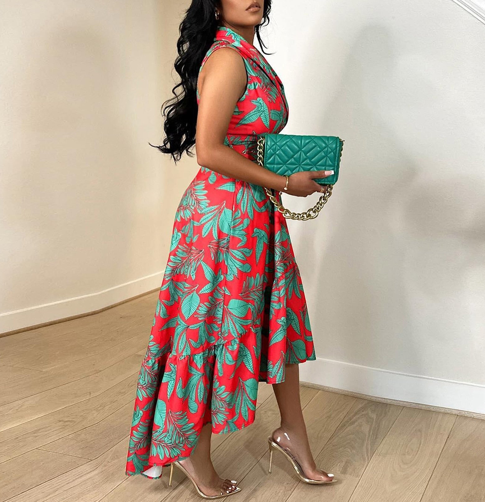 Summer Fashion Printed V-neck Sleeveless Slim High Waist Ruffle Dress