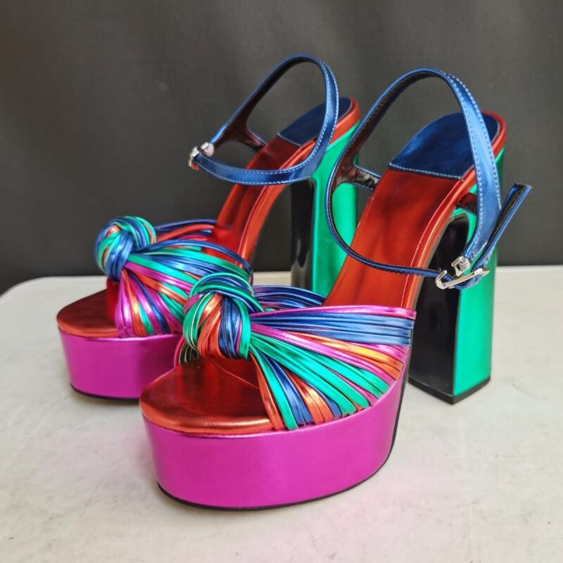 Mixed color Tie a knot Thick High Heel Platform Shoes