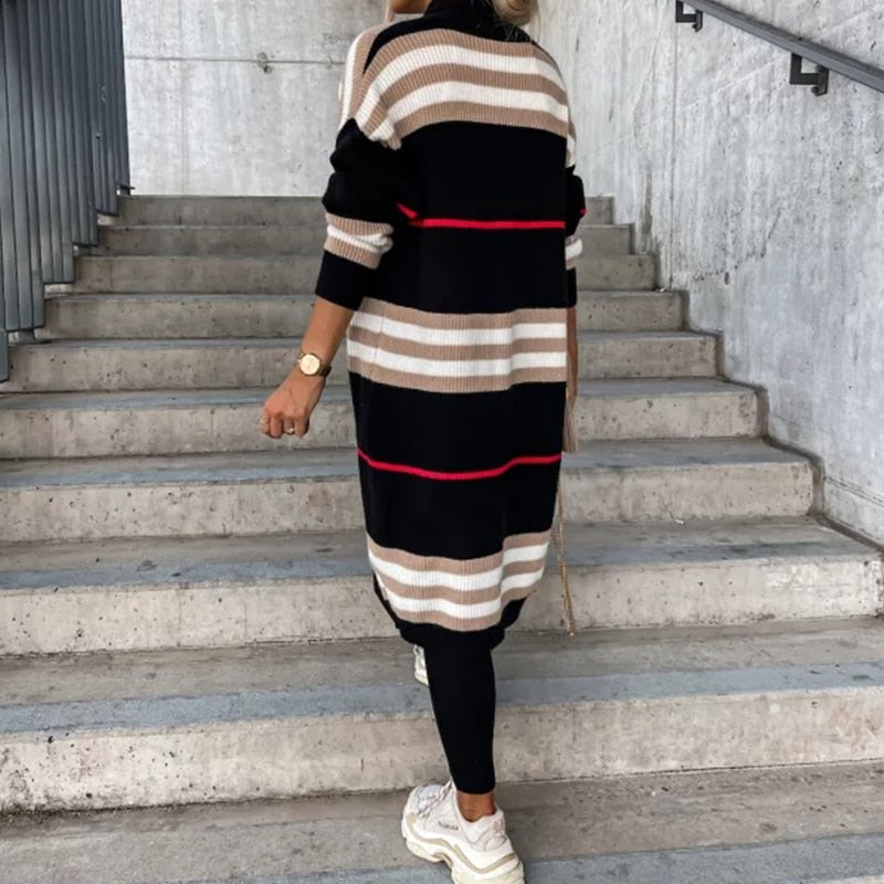 Striped Patchwork Maxi Sweater Coat