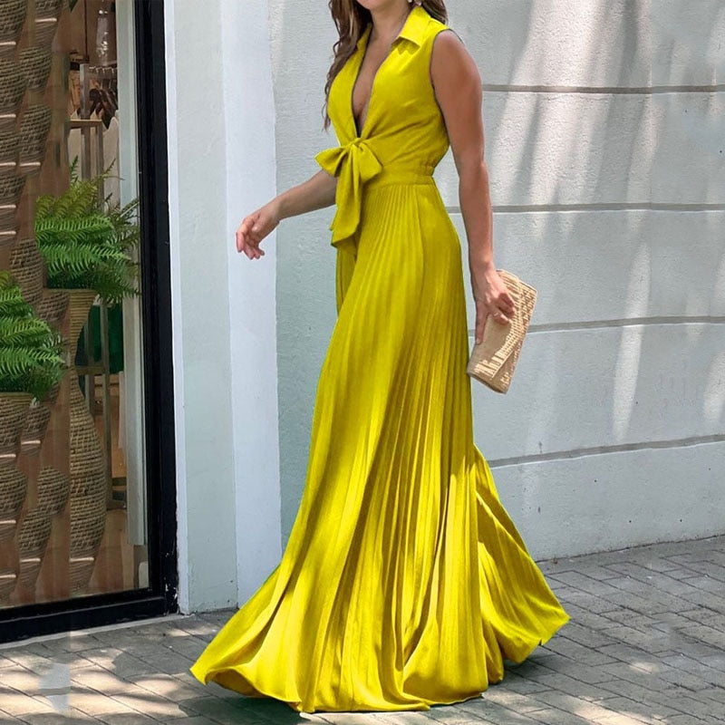 Summer Fashion V Neck Sleeveless Lapel Solid Pleated Lace Up Loose Wide Legs Jumpsuit