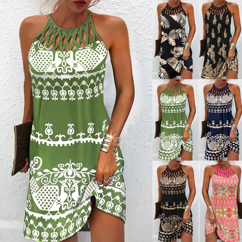 Elegant Round Neck Vintage Cutout Neck Sleeveless Halter Print Dress